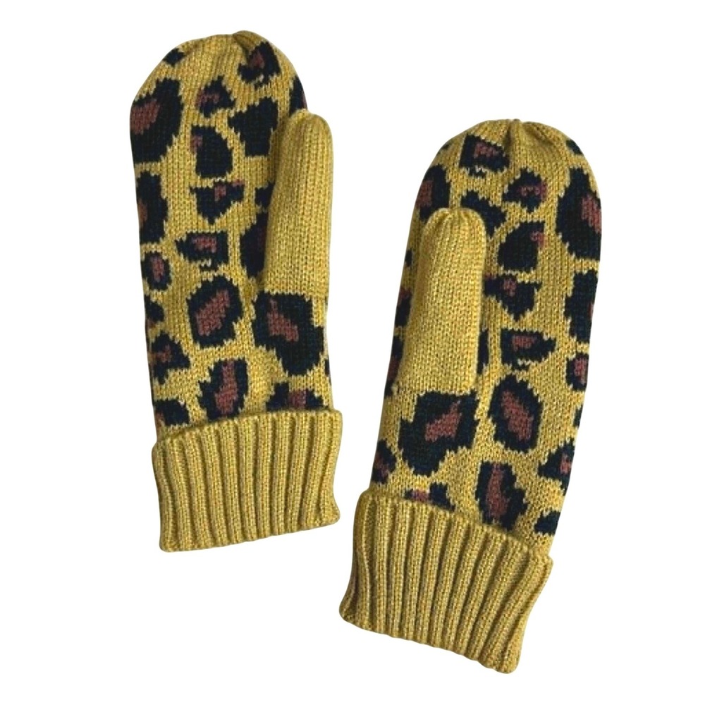 Panache Womens Leopard Print Knit Mittens Warm Lined Khaki Black and Brown